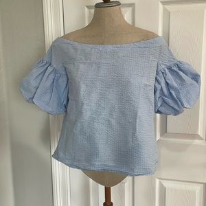 H&M blouse off the shoulder puff sleeves top textured cotton blue womens size 12